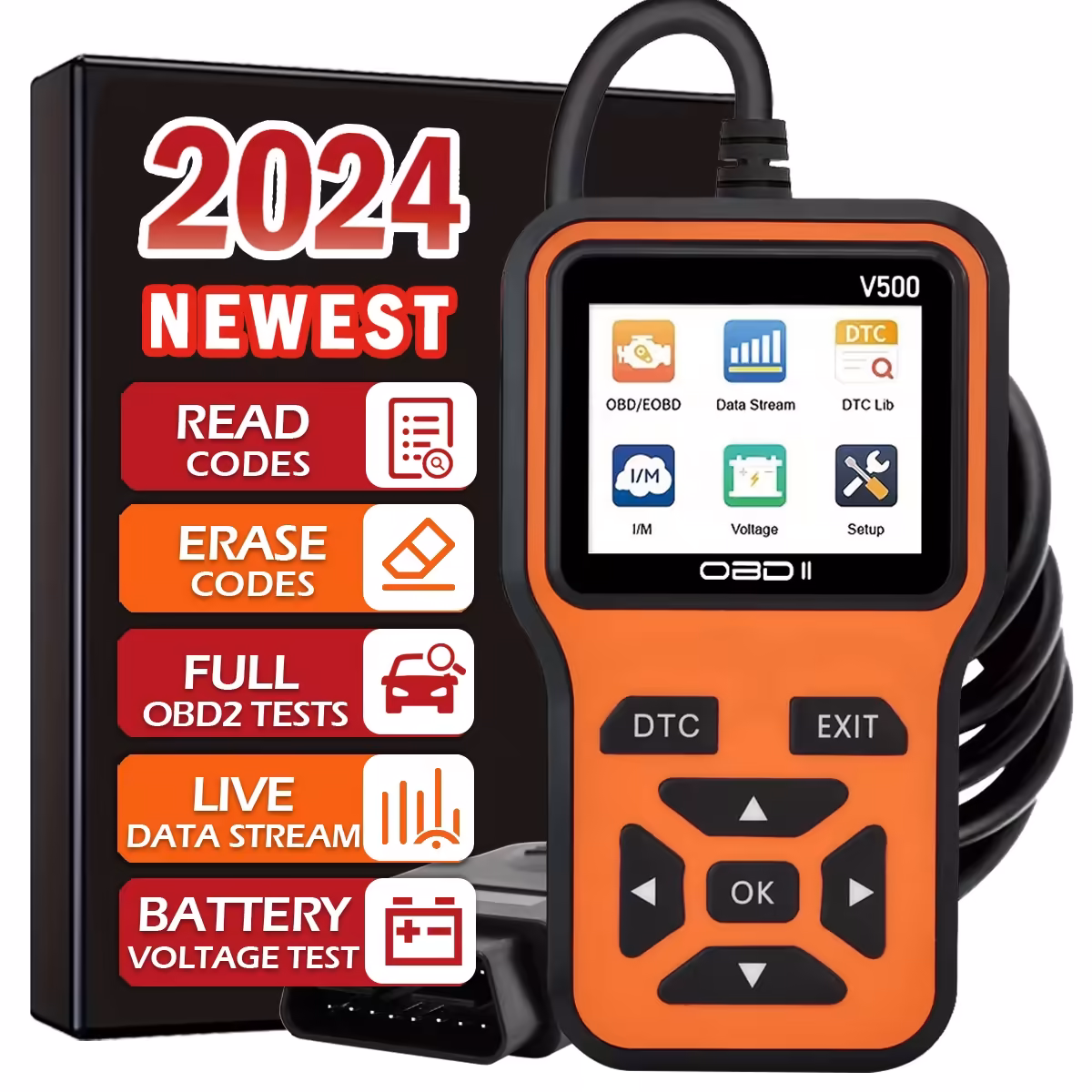 V500車OBD2スキャナー診断ツールコードリーダー車電圧テスターエンジン故障コードスキャナー、充電テスター診断ツール