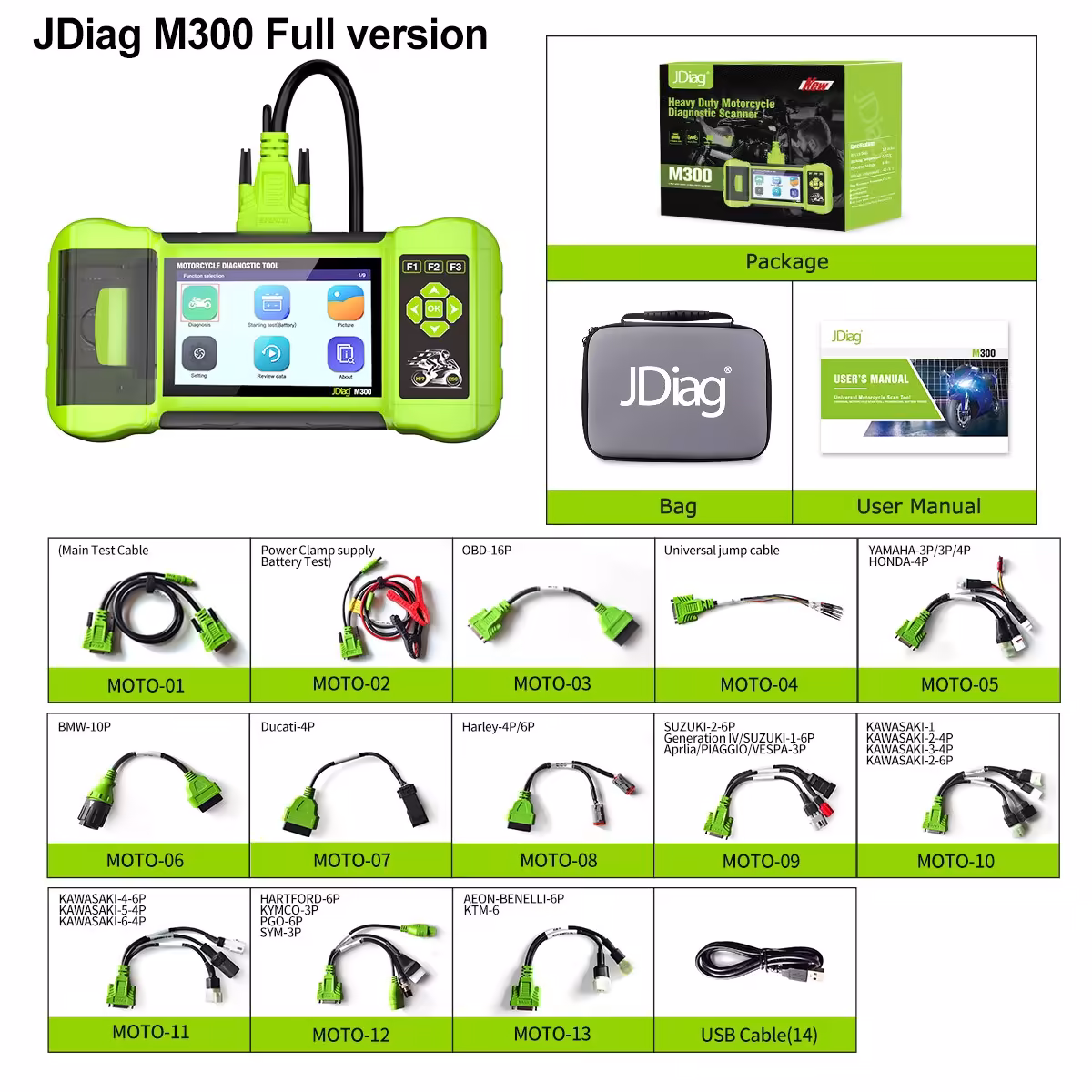 JDiag M300オートバイの診断OBD2のスキャナーモトの診断ツールはBMW Ducatiのハーレーのホンダのヤマハのための明確な欠陥コードABSエンジンを提供します