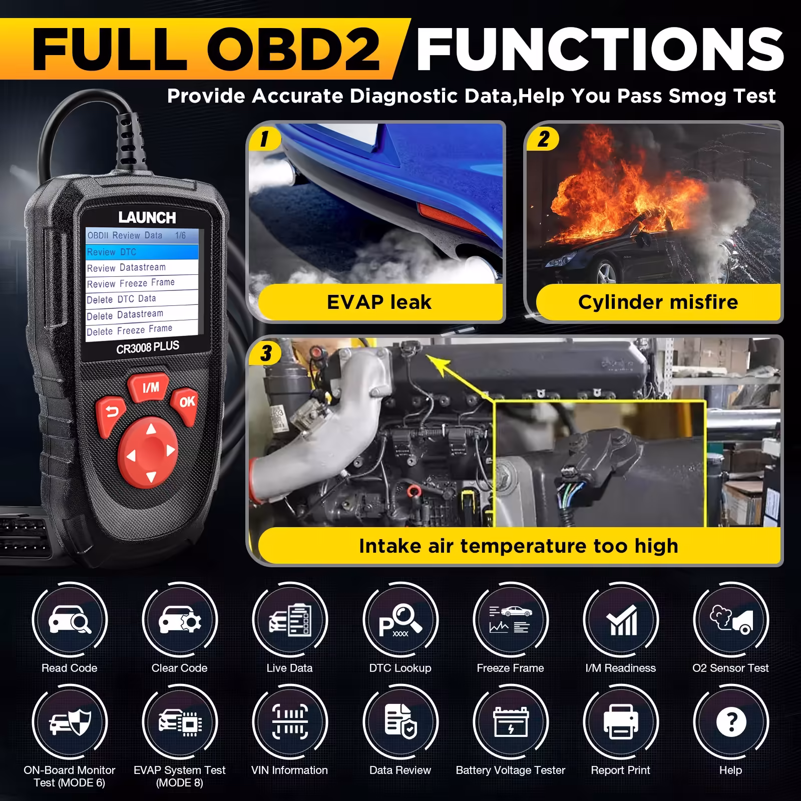 LAUNCH CR3008 Plus OBD2 Scanner Diagnostic Tool  Lifetime Update Code Reader Check Engine Code OBDII Car Scan Tool