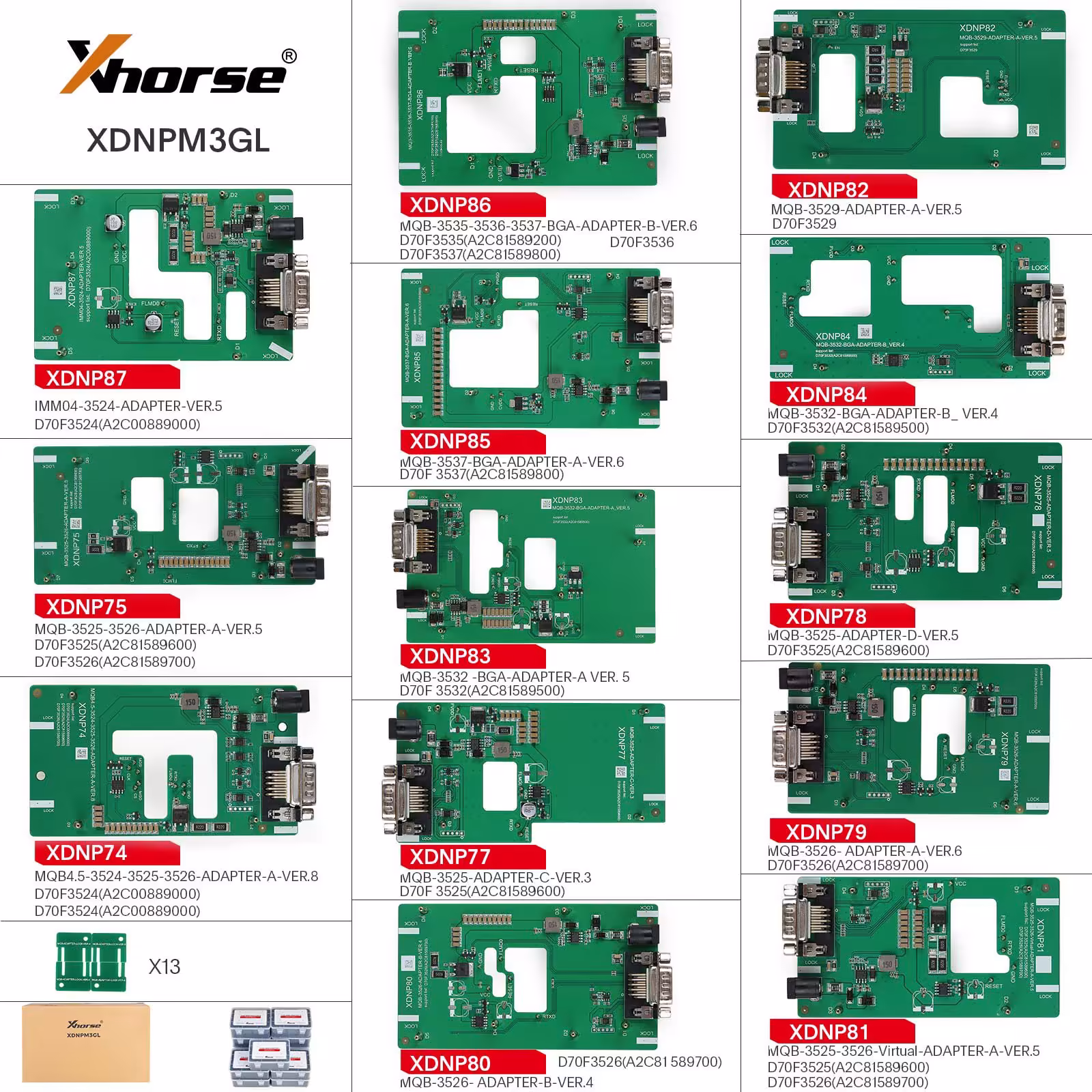 2024 Xhorse MQB48 解体無し 溶接無し 13 完全なセットのアダプター XDNPM3GL